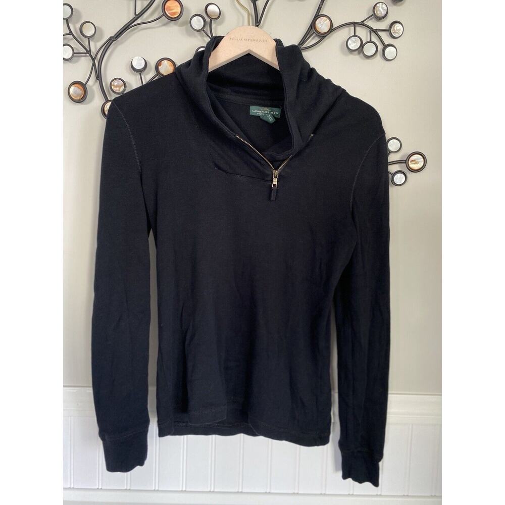 Ralph Lauren Top Womens Small Black Long Sleeves Shawl Neckline Zipper